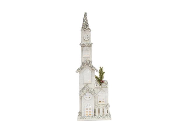 LED SNOW COVERED WHITE WOODEN CHURCH WITH FENCE (23.2")